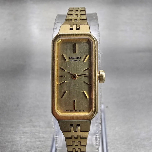 Seiko Watch Women 12mm Gold Dial Gold Tone Rectangle 1320-5029 New Battery VTG0