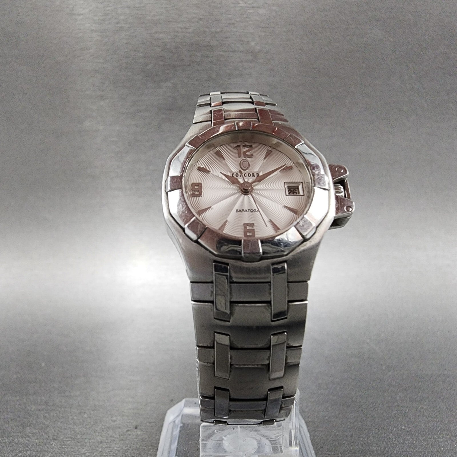 Concord Saratoga Watch Women 25mm White Dial Stainless Steel Date Round New Batt5