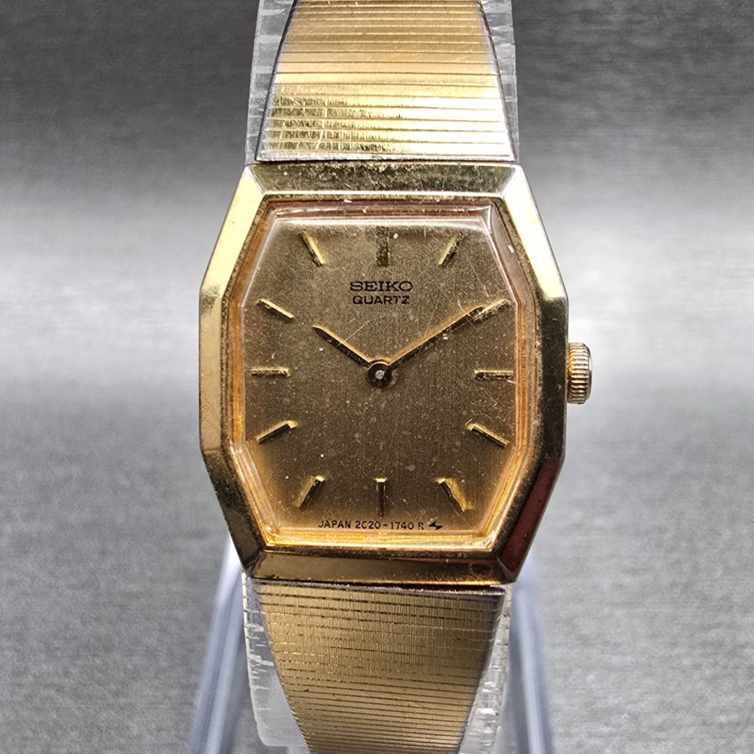 Seiko Watch Women 18mm Gold Dial Gold Tone Octagon 2C20-5840 New Battery Vintage0