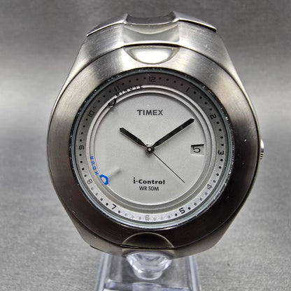 Timex I control Alarm Watch Men 41mm Gray Dial Black Date Indiglo Round New Batt0