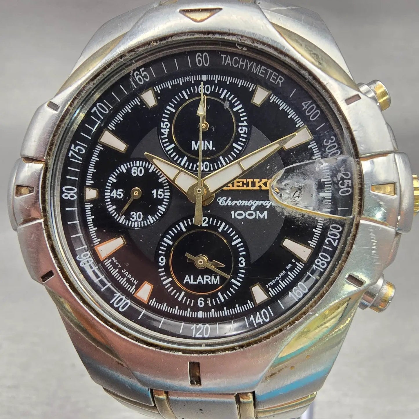 Seiko Chronograph Watch Men 43mm Black Dial Two Tone Date 7T62-0GF0 New Battery1