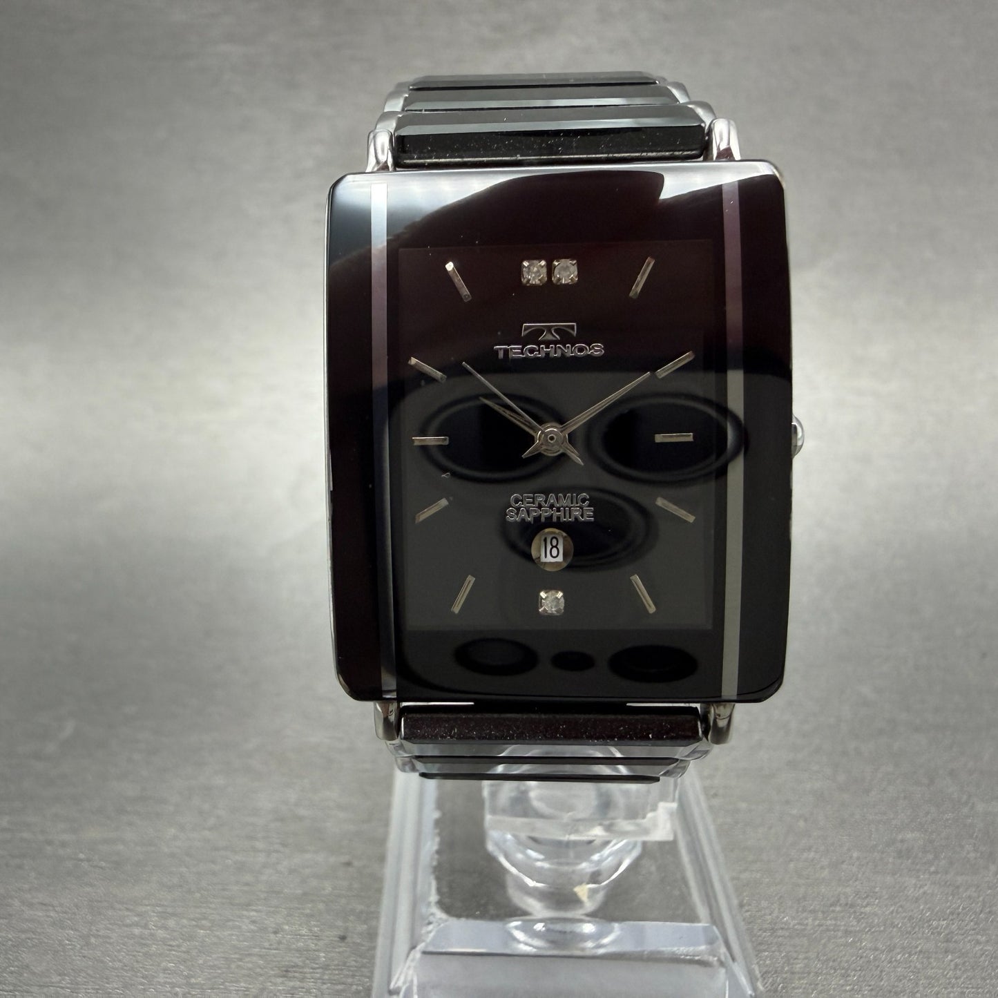 Technos Tank Watch Men 28mm Black Dial Ceramic Steel Date Rectangle New Battery0
