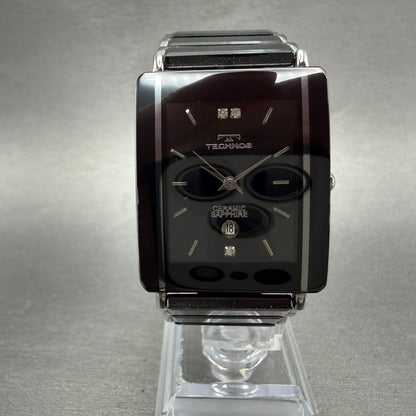 Technos Tank Watch Men 28mm Black Dial Ceramic Steel Date Rectangle New Battery0