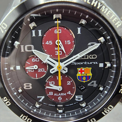 Seiko Sportura Chronograph FC Barcelona Watch Men 42mm Black Dial Steel New Batt1