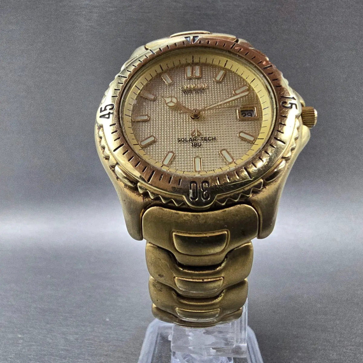 Citizen Solar Tech 180 Watch Men 38mm Gold Dial Gold Tone Date Round Works VTG5