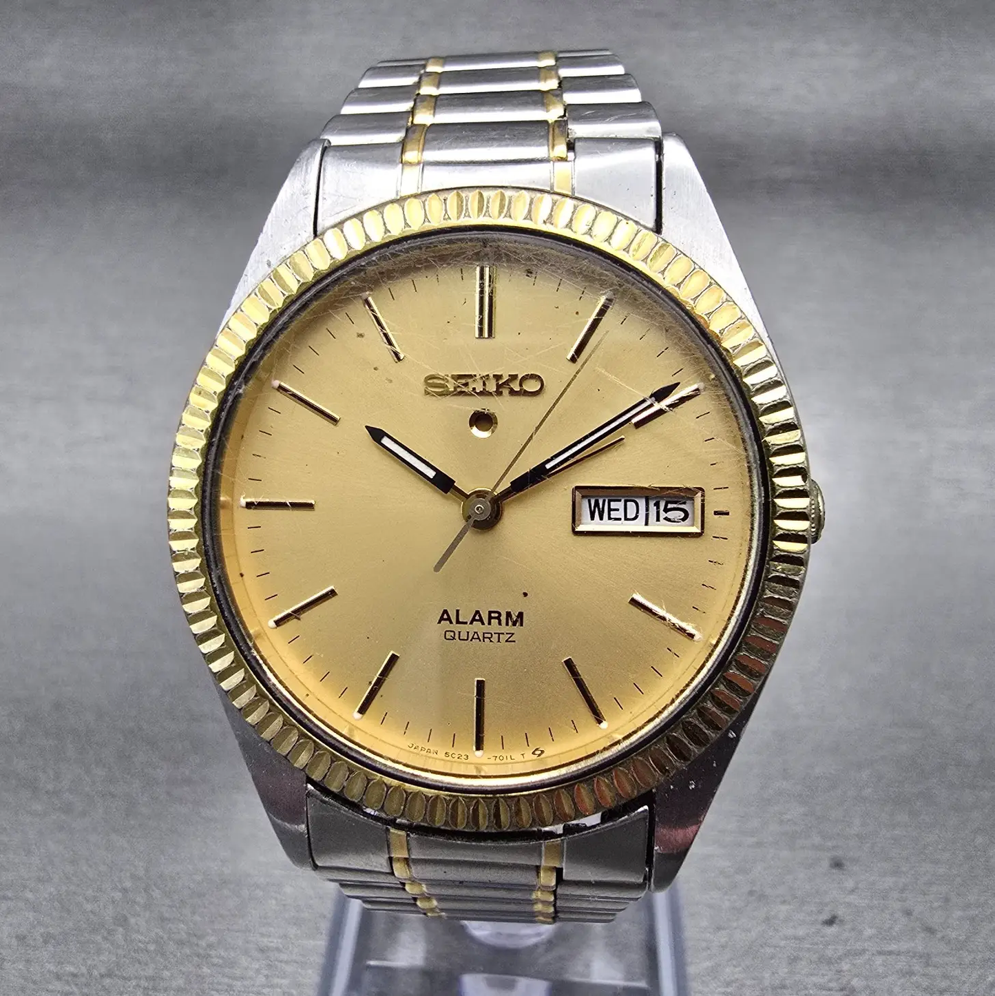 Seiko President Watch Men 35mm Gold Dial Daydate Alarm 5C23-7009 New Battery VTG0