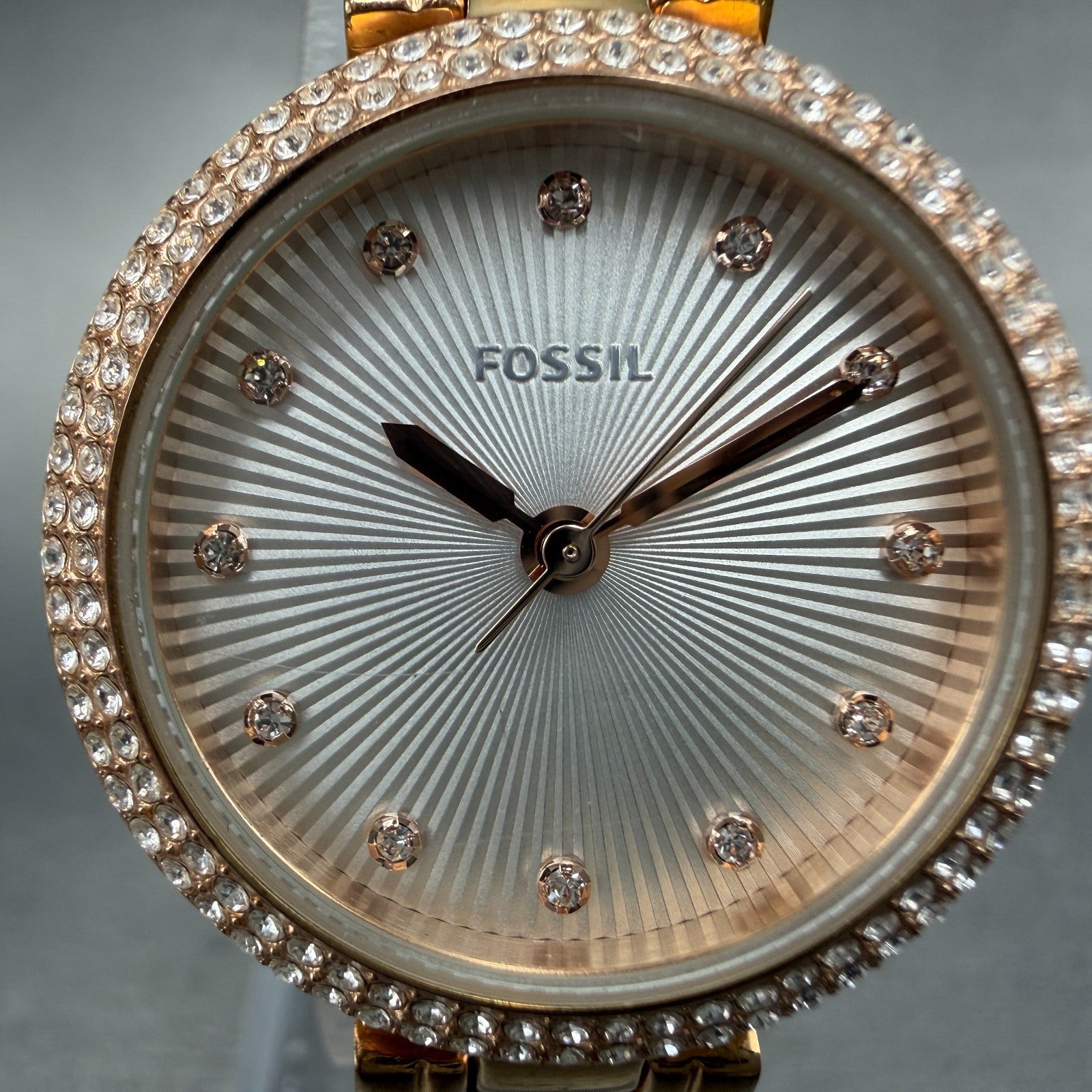 Fossil Olive Watch Women 28mm Silver Dial Rose Gold Crystal Bezel ES3347 NewBatt1