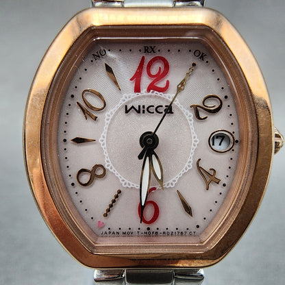 Citizen Wicca Watch Women 25mm Pink Dial Two Tone Date Atomic H0F8R007840 Works3