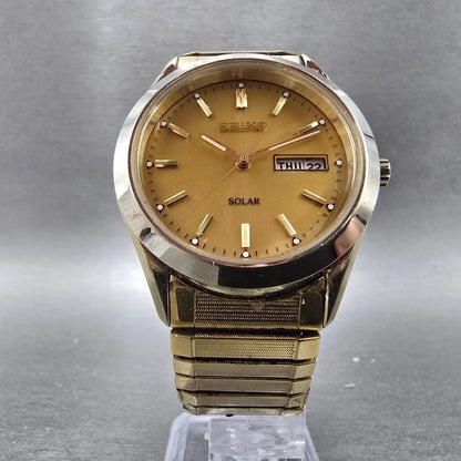 Seiko Watch Men 37mm Gold Dial Gold Tone Solar Daydate V158-0AB0 Works5