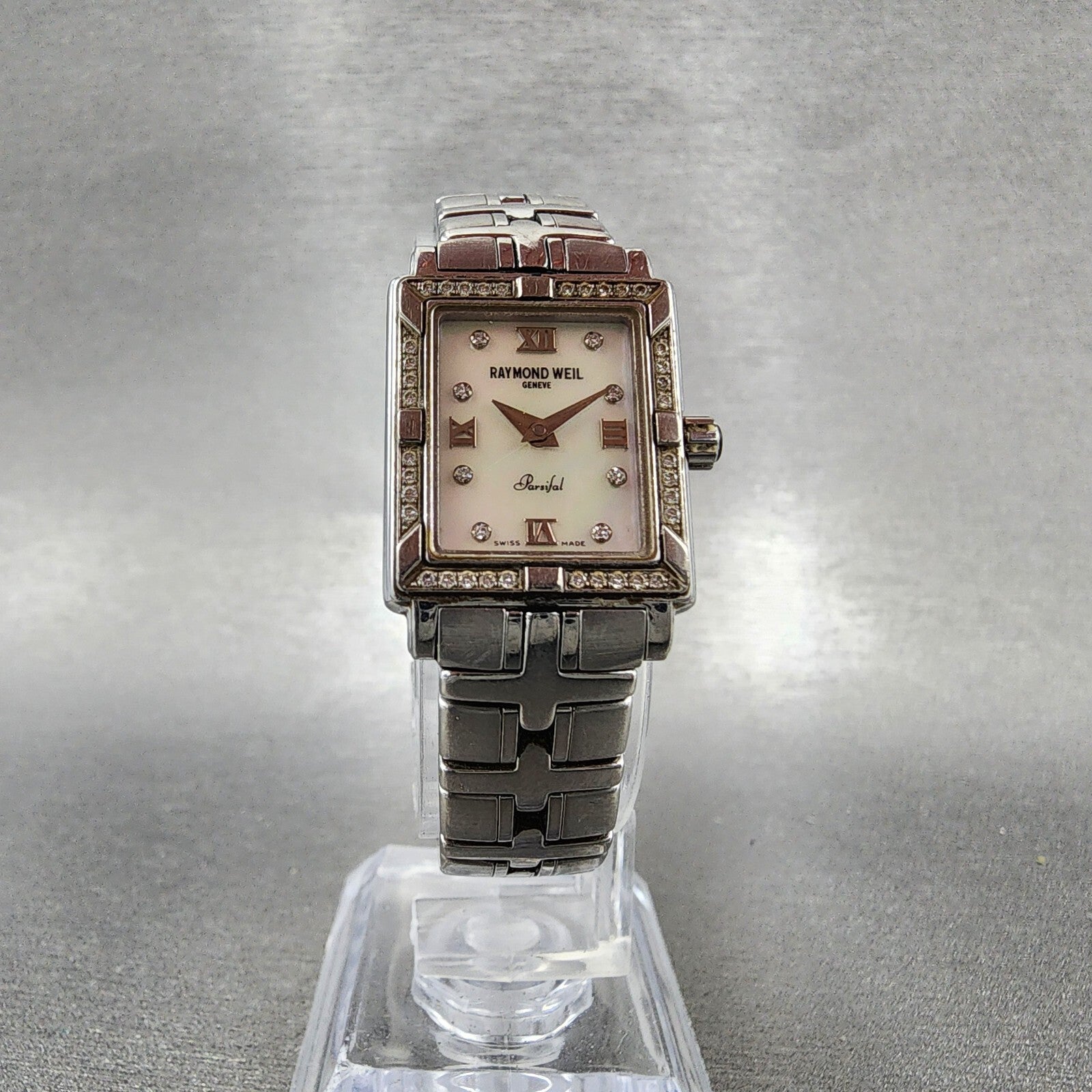 Raymond Weil Parsifal Tank Watch Women 19mm MOP Dial Steel Diamonds New Battery5