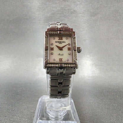 Raymond Weil Parsifal Tank Watch Women 19mm MOP Dial Steel Diamonds New Battery5
