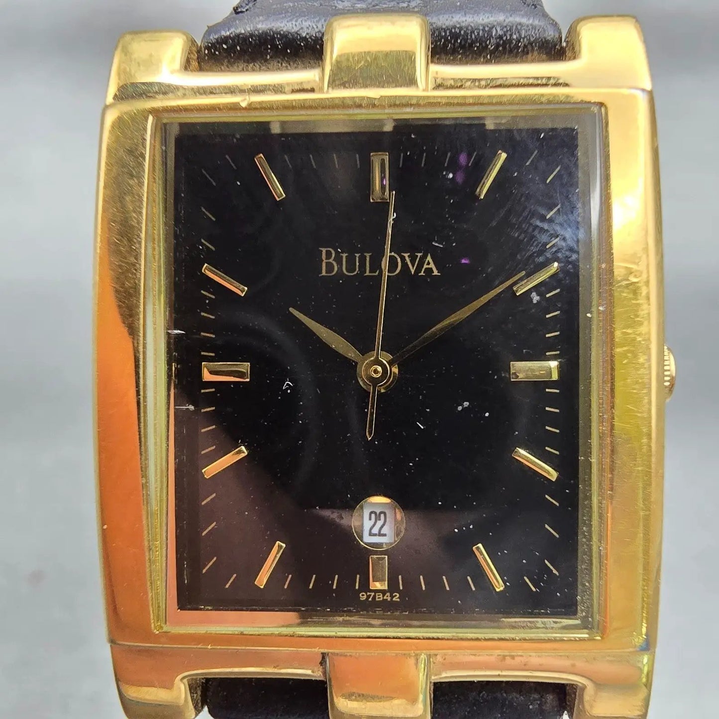 Bulova Watch Men 25mm Black Dial Gold Tone Date Rectangle New Battery 97B42 VTG1