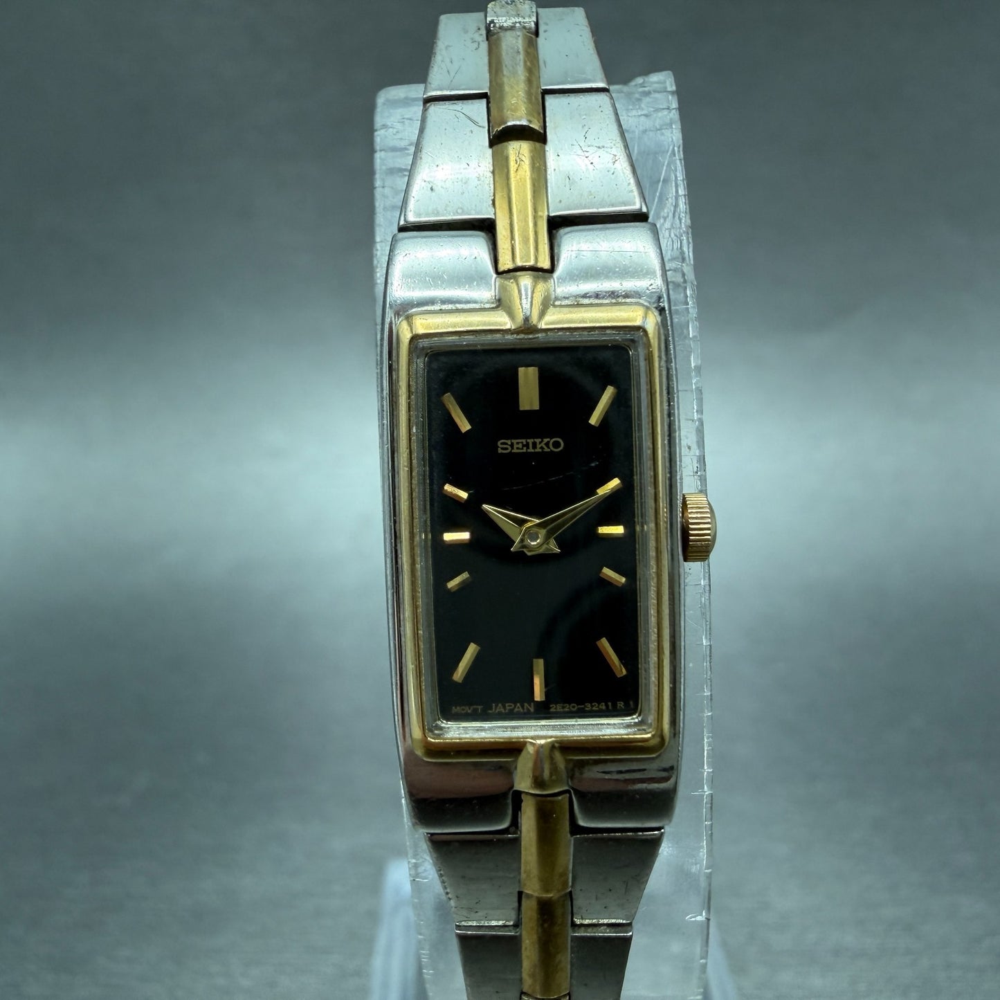 Seiko Tank Watch Women 13mm Black Dial Two Tone Rectangle 2E20-0AY0 New Batt BTQ0