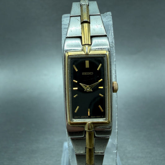 Seiko Tank Watch Women 13mm Black Dial Two Tone Rectangle 2E20-0AY0 New Batt BTQ0