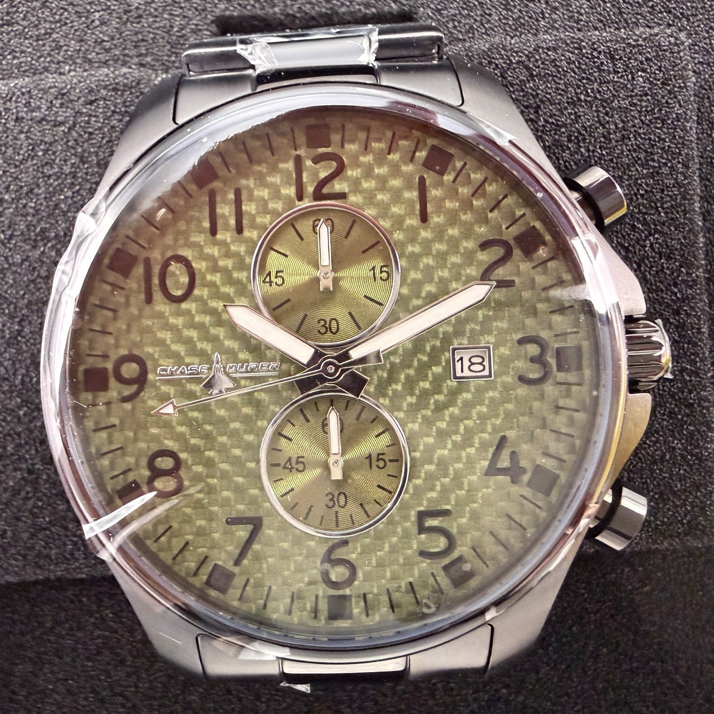Chase Durer Chronograph Watch Men 48mm Green Carbon Dial Black Date CDW-00991