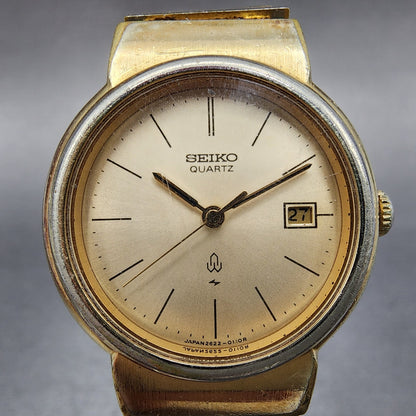 Seiko Watch Women 26mm Champange Dial Gold Tone Date Round 2622-0070 New Battery