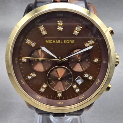 Michael Kors Watch Women 43mm Brown Dial Gold Tone Chrono Date MK5216 New Batt1