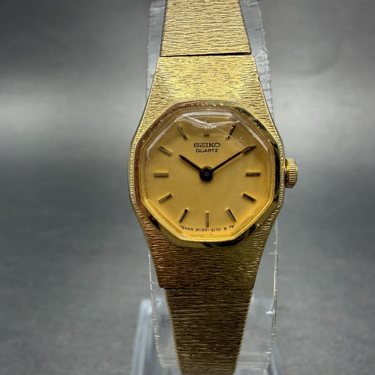 Seiko Watch Women 16mm Champagne Dial Gold Tone Octagon 2c20-6510 New Battery 490