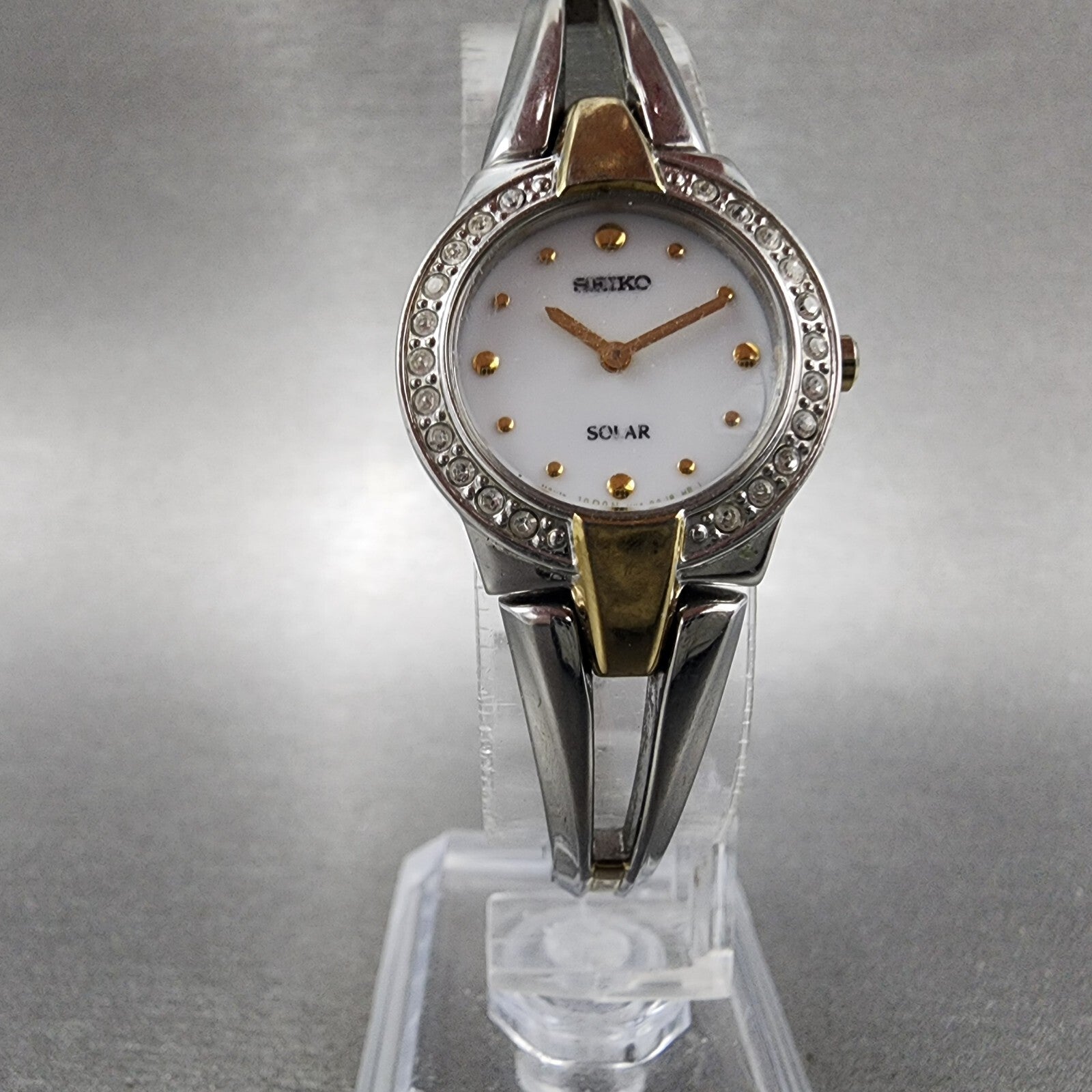 Seiko Solar Watch Women 22mm MOP Dial Two Tone Crystal Bezel Round V1140AF0 Runs5