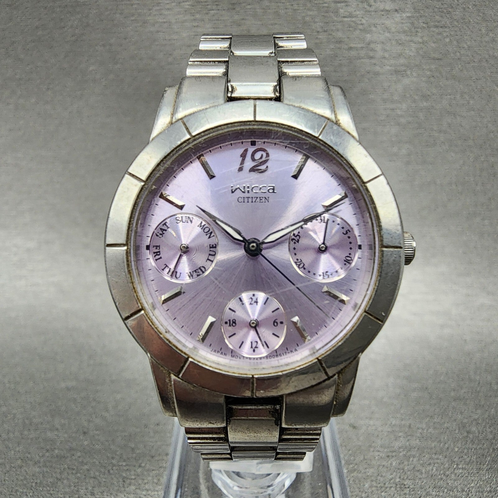 Citizen Wicca Watch Women 30mm Purple Dial Silver Tone Daydate Round New Batt0