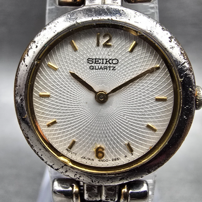 Seiko Watch Women 21mm White Dial Two Tone Round 4N00-0791 New Battery Vintage P1