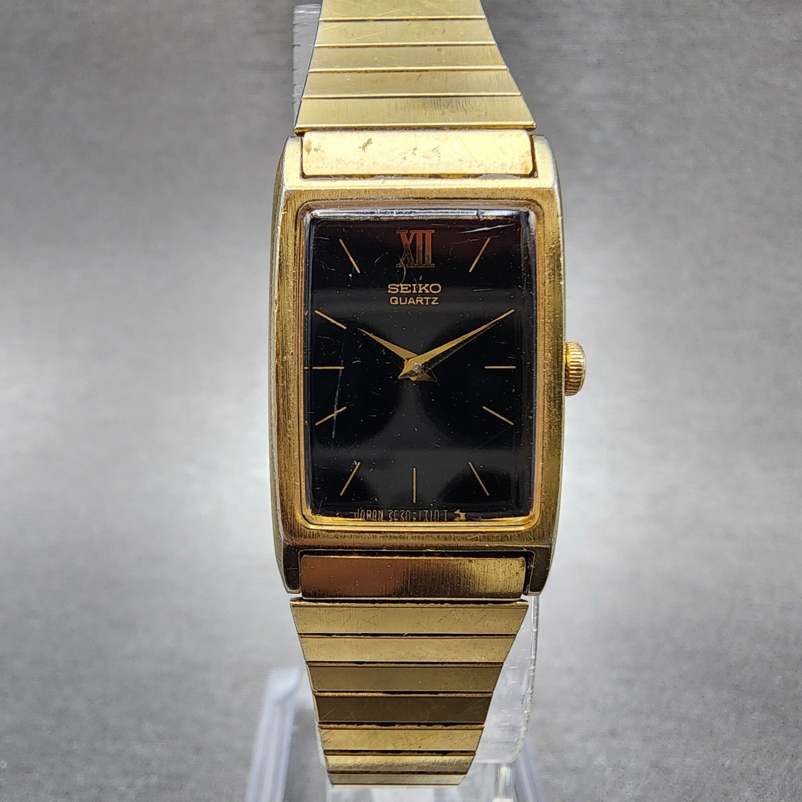 Seiko Tank Watch Women 17mm Black Dial Gold Tone Rectangle 2C205830 New Battery0