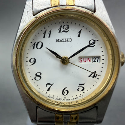 Seiko Watch Women 24mm White Dial Two Tone Daydate 7N83-0011 New Battery Round1
