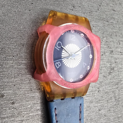 Swatch Polka Watch Women 25mm Blue Dial Brown Case Round LP109 New Battery3