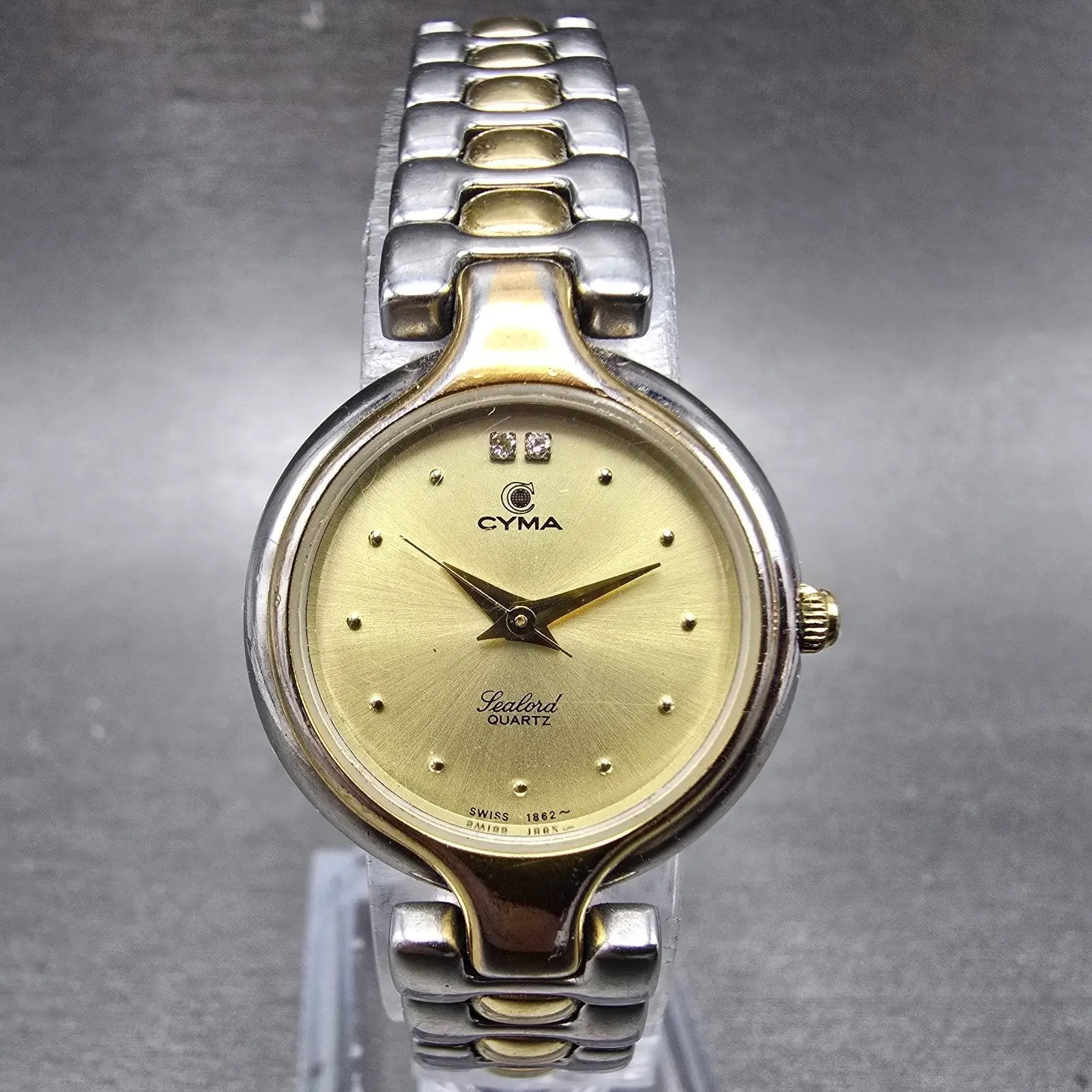Cyma Sealord Watch Women 24mm Champagne Dial Two Tone Round 412 New Battery0