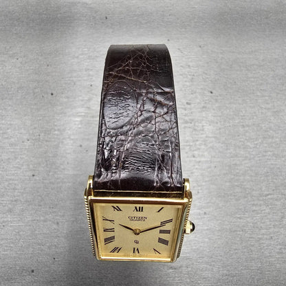 Citizen CQ Tank Watch Men 25mm Ivory Dial Gold Tone Rectangle 4-797400 New Batt4