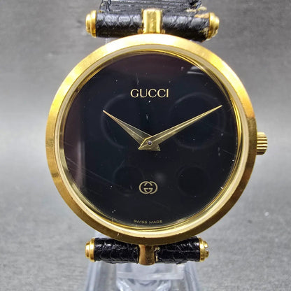 Gucci 2000M Watch Men 30mm Black Dial Gold Plated Leather Round New Battery VTG1