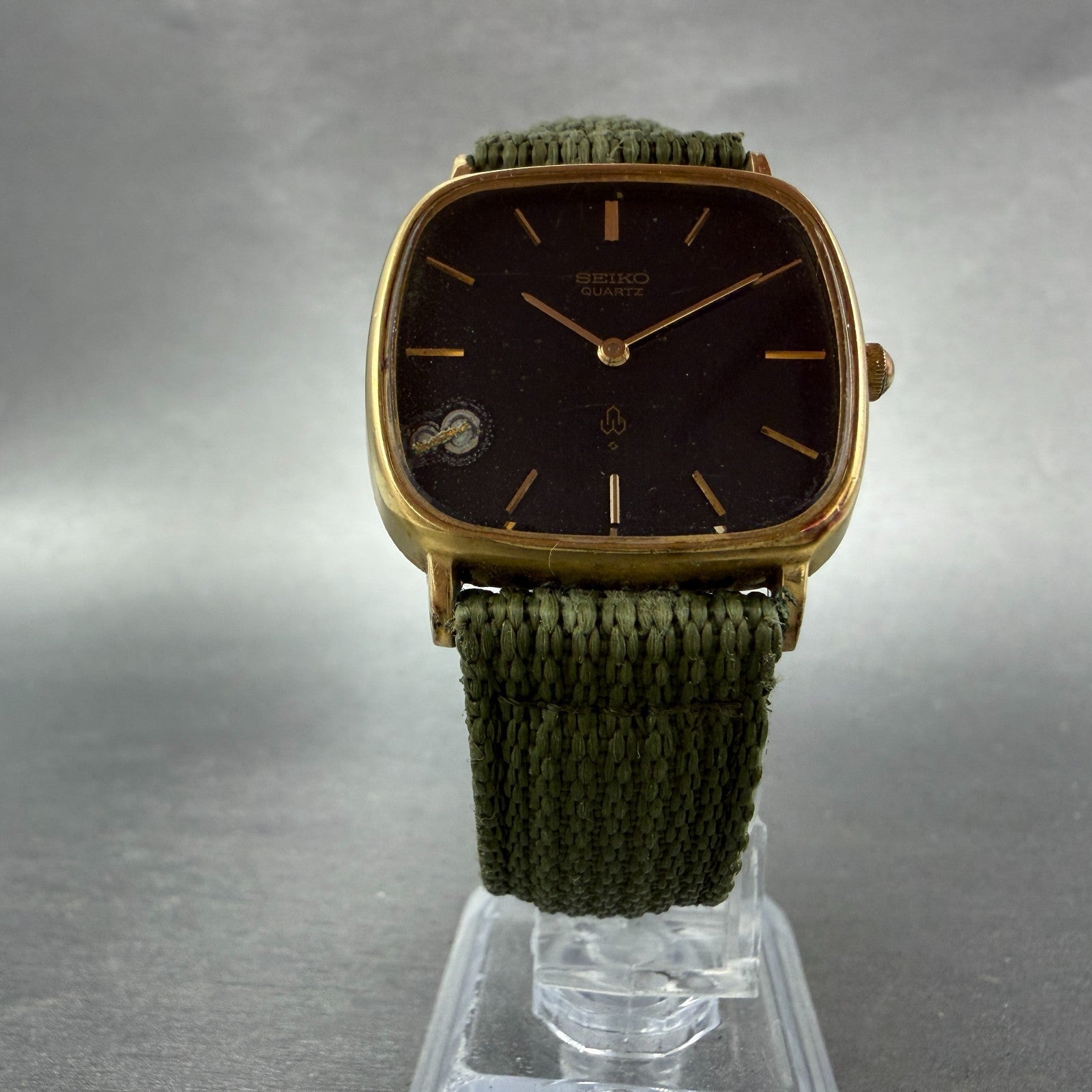 Seiko Watch Men 31mm Black Dial Gold Plated Rectangle 7820-5050 New Battery GF65