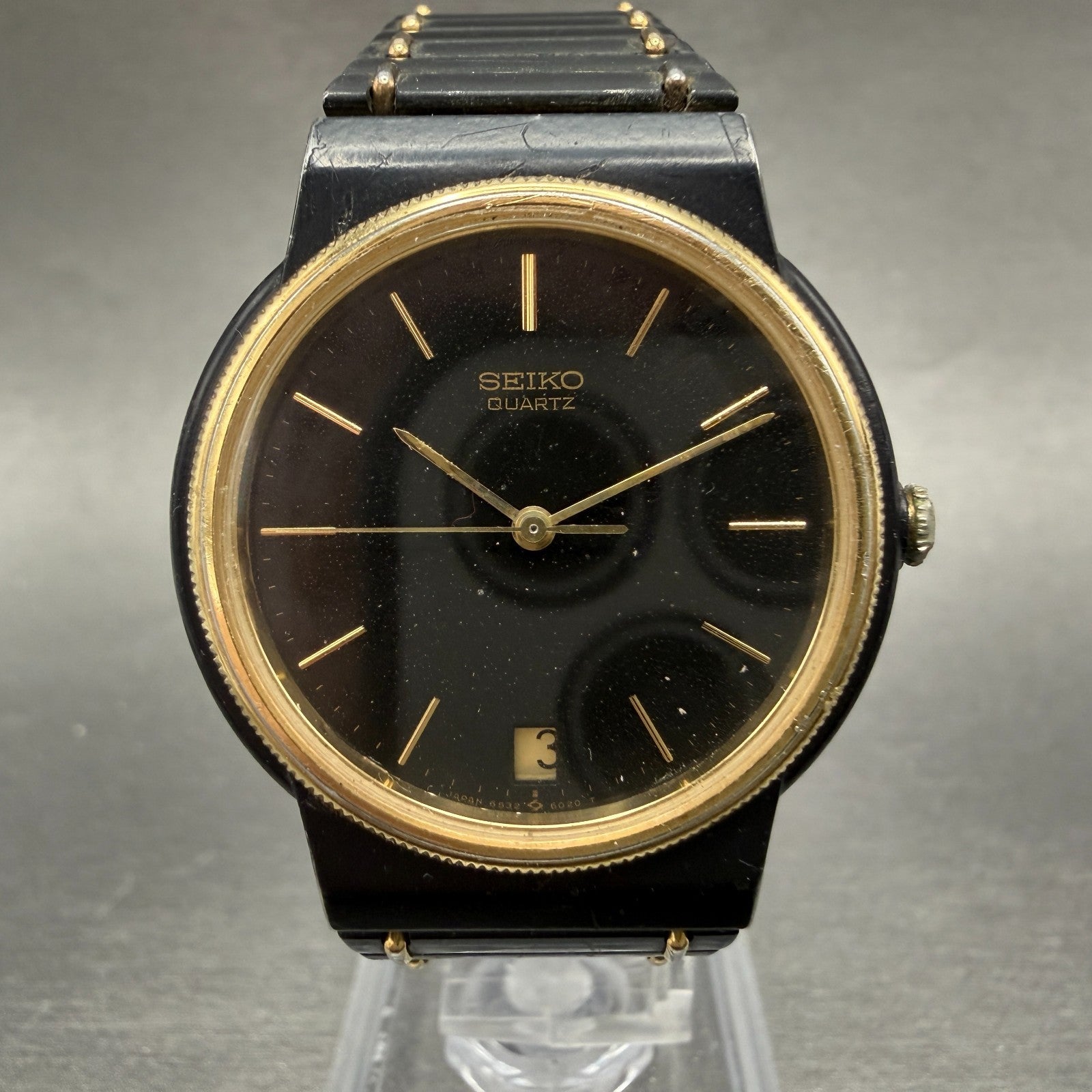 Seiko Watch Men 32mm Black Dial Black Gold Tone Date Round 6532-6039 New Battery0
