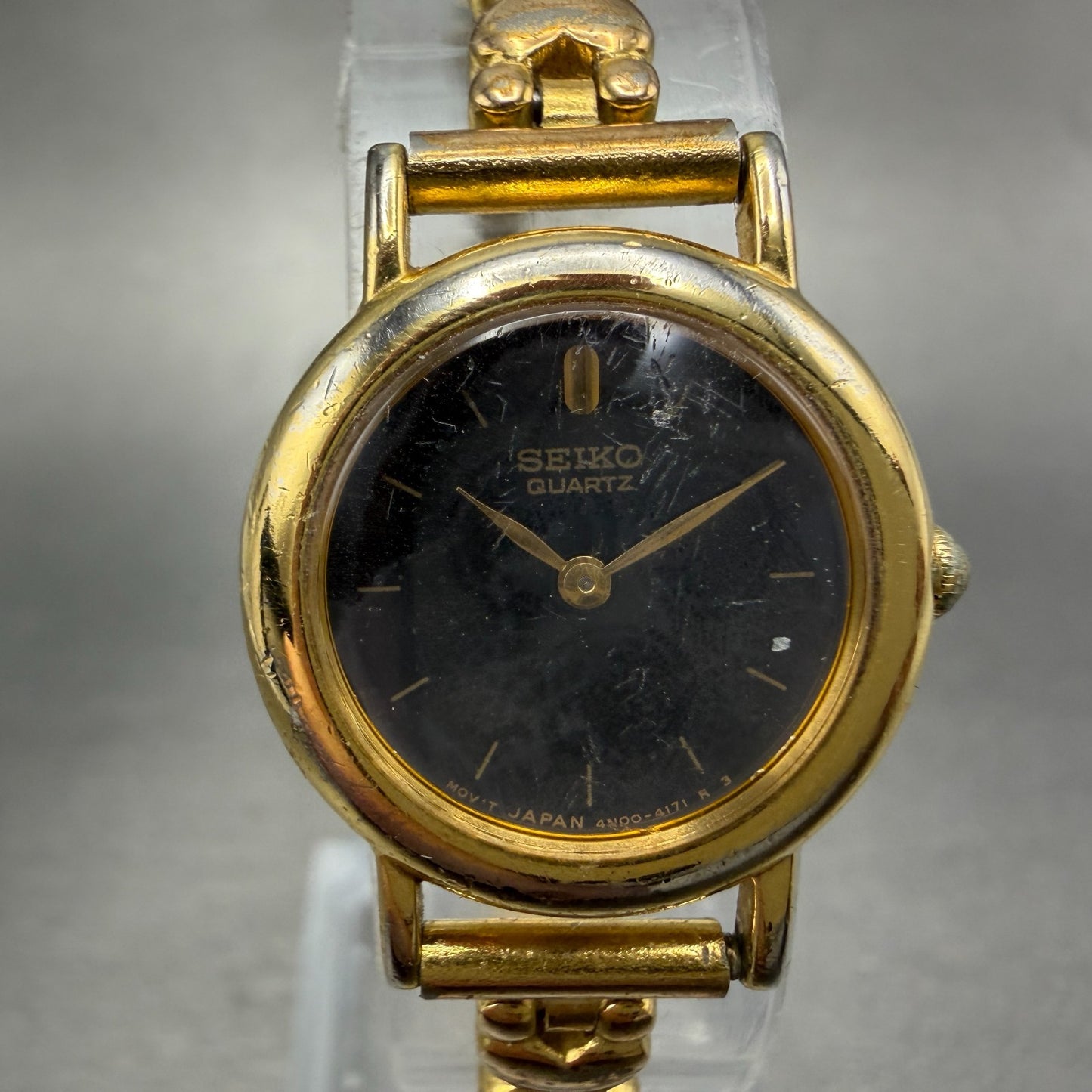 Seiko Watch Women 21mm Black Dial Gold Tone Round 4N00-1158 New Battery Vintage0