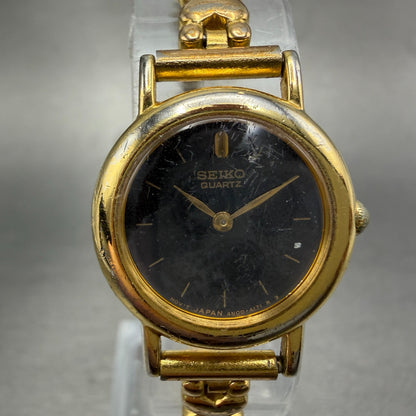 Seiko Watch Women 21mm Black Dial Gold Tone Round 4N00-1158 New Battery Vintage0