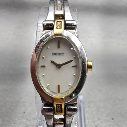 Seiko Watch Women 17mm White Dial Two Tone Oval 1N00-0KG0 New Battery Vintage0