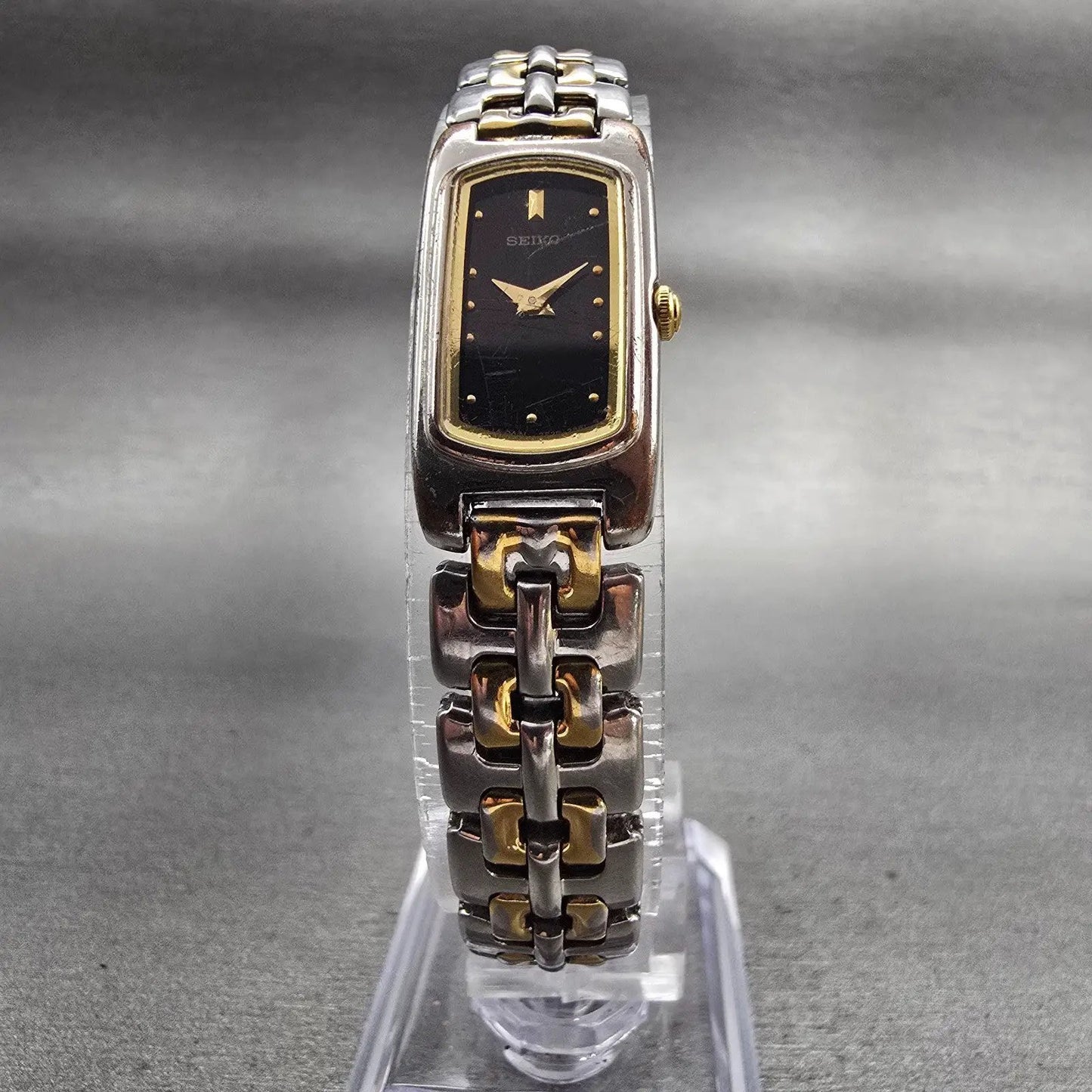 Seiko Watch Women 14mm Black Dial Two Tone Rectangle 2E20-7289 New Battery VTG5