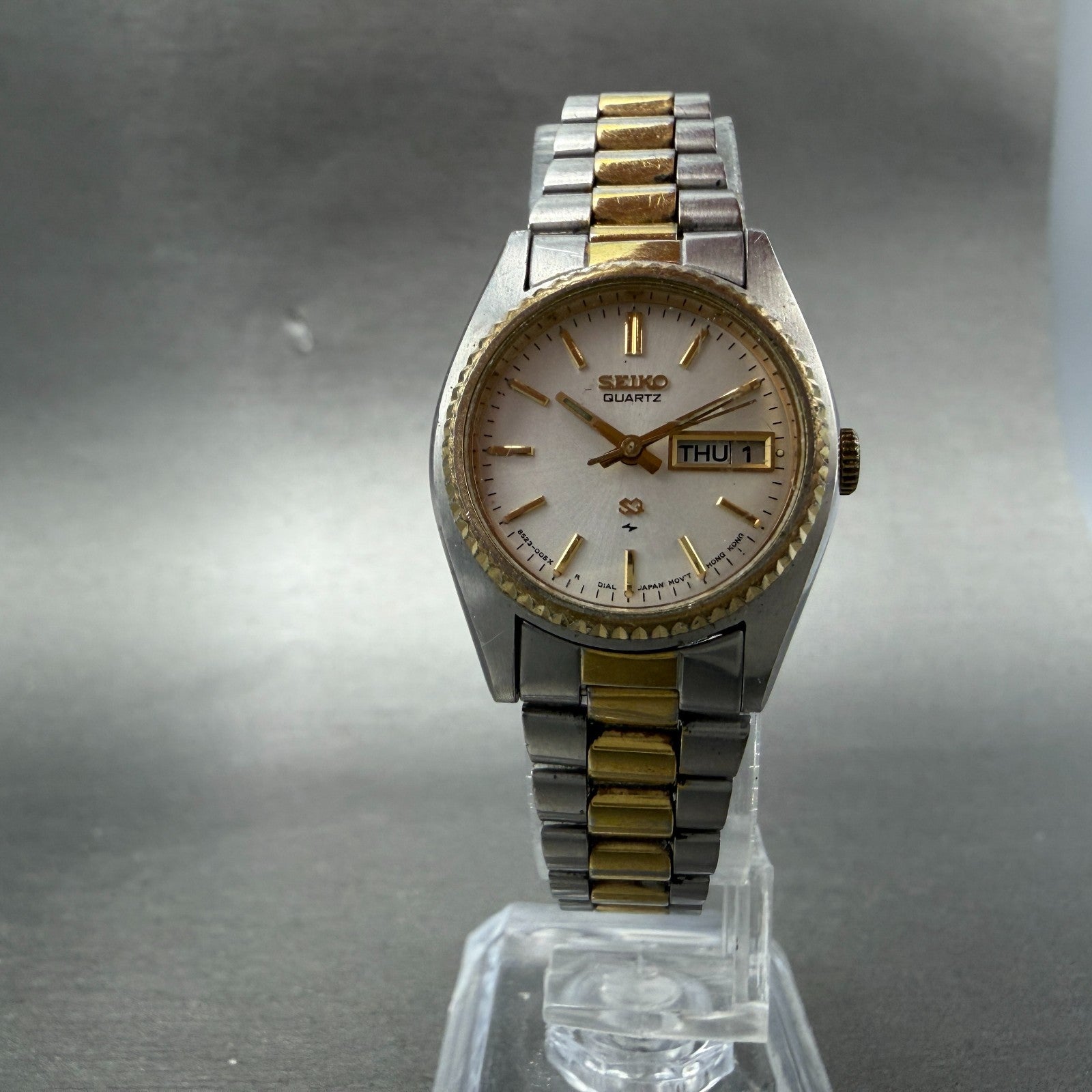Seiko SQ Watch Women 25mm Silver Dial Two Tone Daydate Round 8523-0059 New Batte5