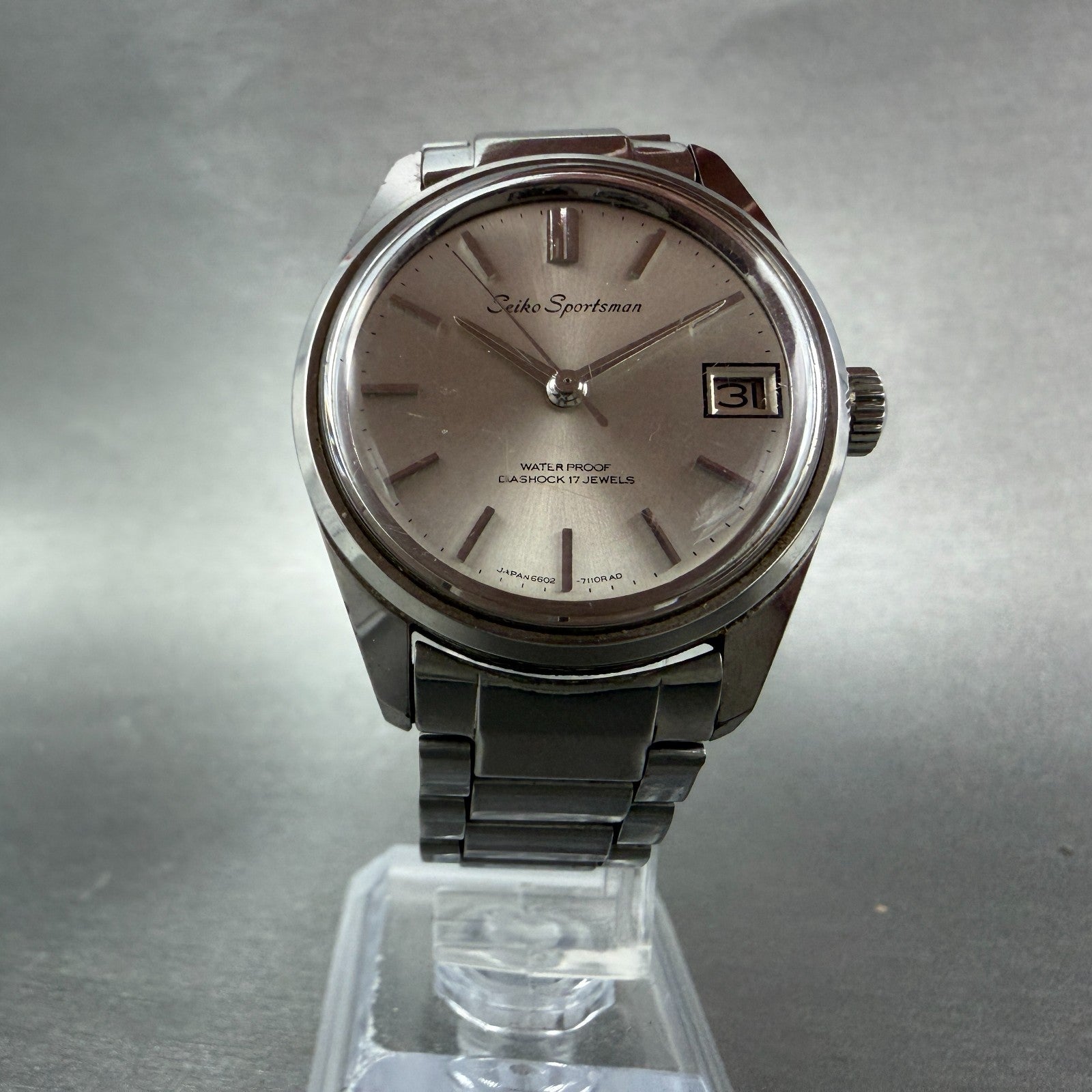 Seiko Sportsman Watch Men 34mm Silver Dial Silver Tone Date 6602-7030 Runs5