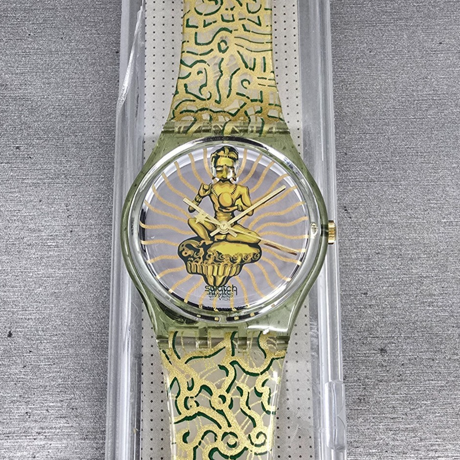 Swatch Tai Sun Watch Men 34mm Silver Dial Green Case GG133 New Battery NOS0
