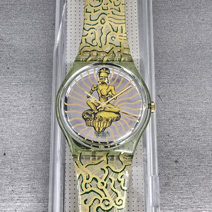 Swatch Tai Sun Watch Men 34mm Silver Dial Green Case GG133 New Battery NOS0