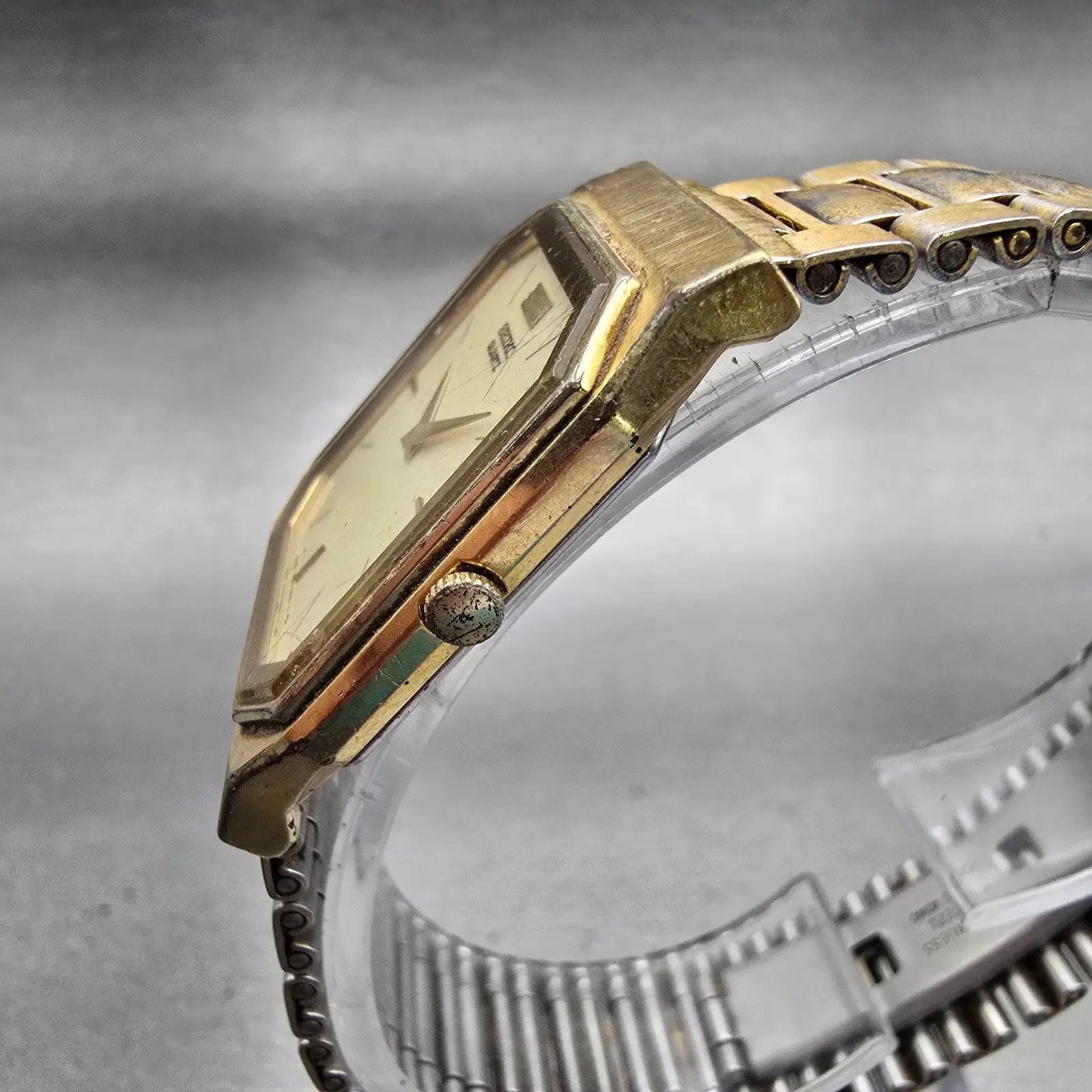 Seiko Watch Men 26mm Cream Dial Gold Tone Rectangle 7430-5409 New Battery VTG2