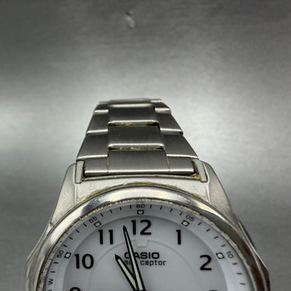 Casio Wave Ceptor Watch Men 42mm White Dial Titianium Solar Analog Digital Works4