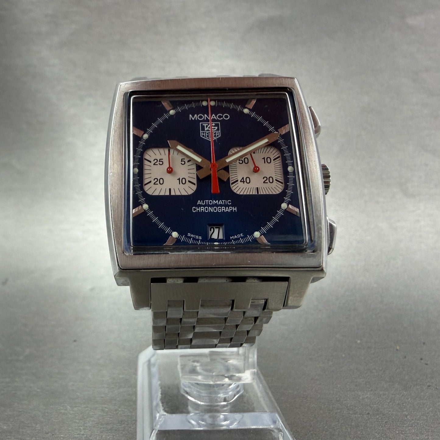 Tag Heuer Monaco Watch Men 38mm Blue Dial Steel Date Chrono Automatic Serviced5