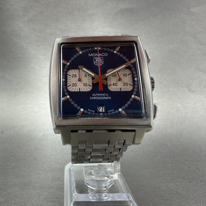 Tag Heuer Monaco Watch Men 38mm Blue Dial Steel Date Chrono Automatic Serviced5