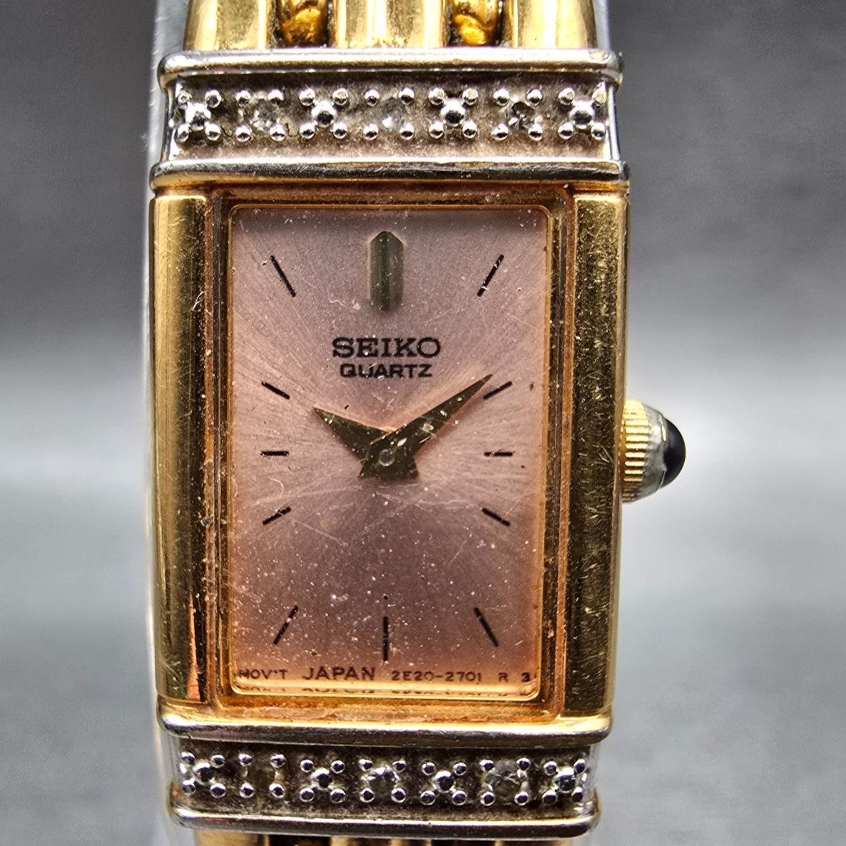 Seiko Watch Women 14mm Pink Dial Gold Tone Gemmed Rectangle 2E20-7191 New Batt1