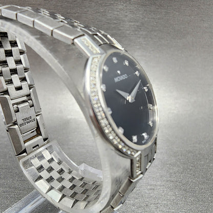 Movado Faceto Watch Women 25mm black Dial Steel Diamonds Round 605586 New Batt