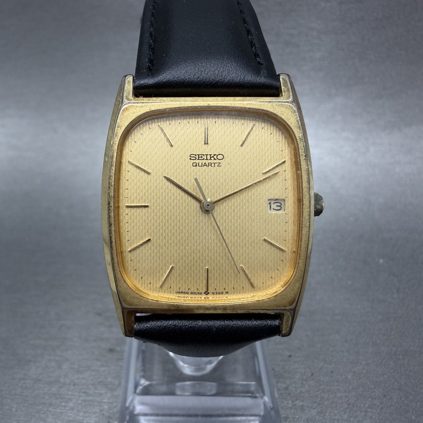 Seiko Tank Watch Men 28mm Champagne Dial Gold Tone Date 65325250 New Battery0