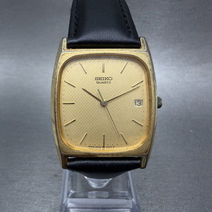 Seiko Tank Watch Men 28mm Champagne Dial Gold Tone Date 65325250 New Battery0