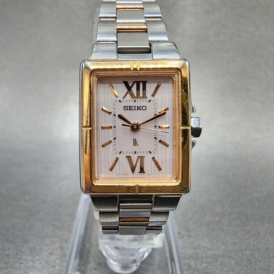 Seiko Solar Tank Watch Women 18mm White Dial Two Tone Rectangle Lukia RunsB0